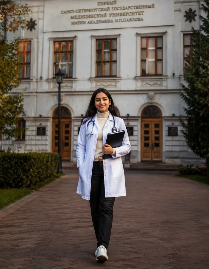 A medical student standing confidently in front of Saint Petersburg State Medical University. When choosing the right MBBS college in Russia, it's important to consider factors such as NMC recognition, tuition fees, medium of instruction, university rankings, and clinical exposure. Ensuring good campus facilities and a strong alumni network can also contribute to a successful medical education.