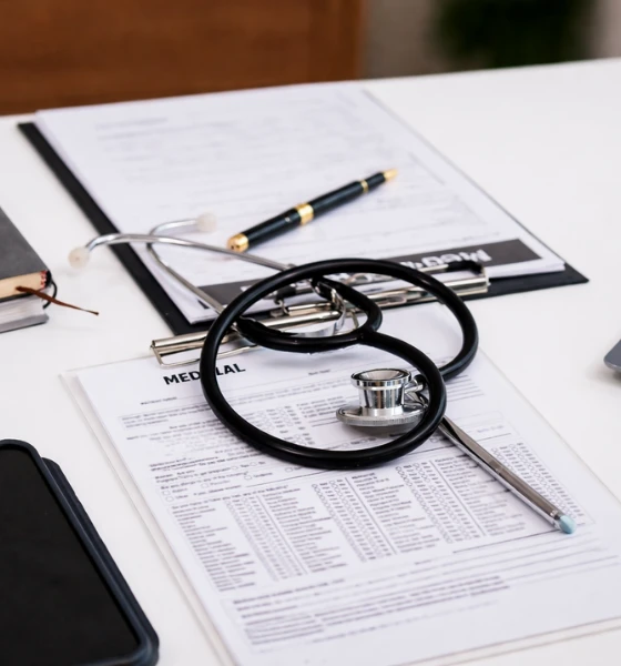 Stethoscope placed on medical documents representing required documents for MBBS in Russia for Indian students including NEET scorecard, passport, certificates, and admission paperwork