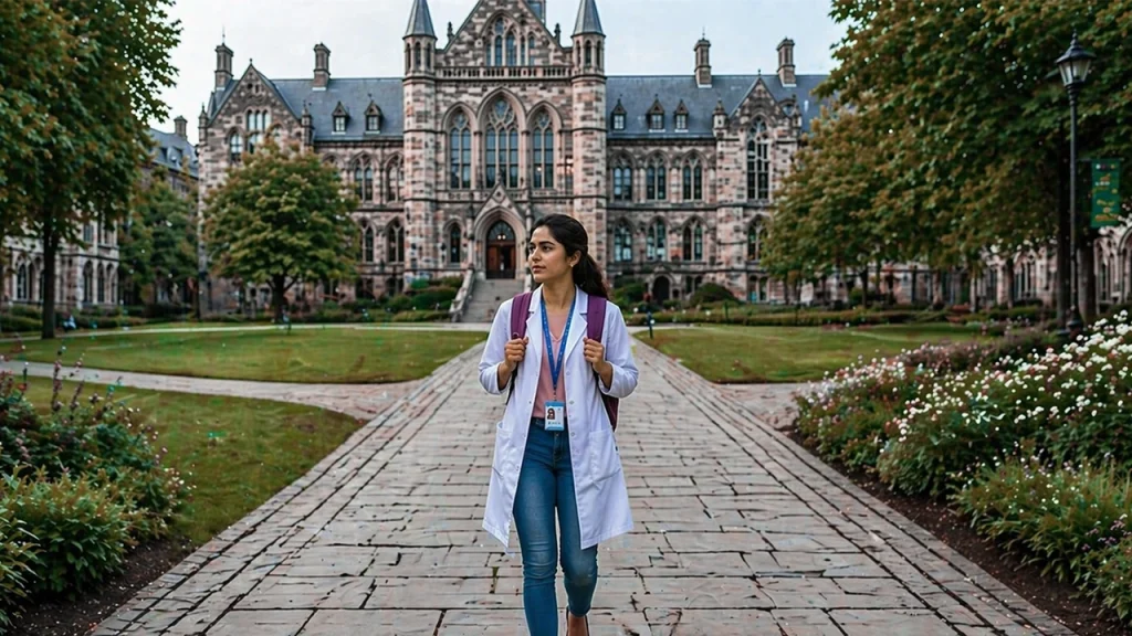 Medical student walking on a university campus representing NEET career options and career options after NEET, including MBBS abroad opportunities for Indian students.