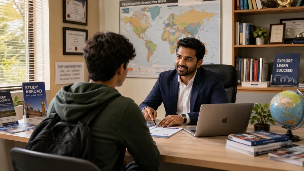 Student consulting an education advisor about NEET career options and career options after NEET, including MBBS abroad opportunities and study abroad guidance.
