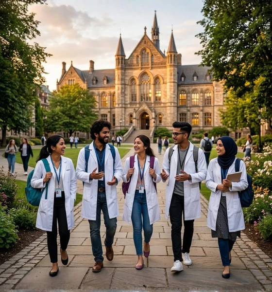 Group of Indian medical students walking on university campus in Russia representing safe environment, student community, affordable cost of MBBS in Russia, and supportive campus life for Indian students
