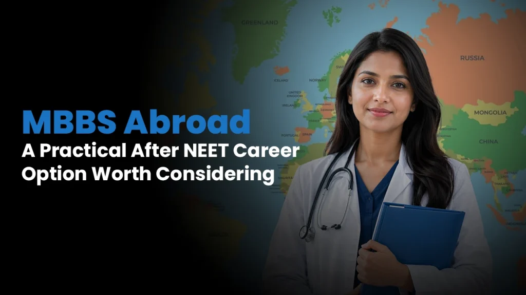 Doctor holding medical files in front of a world map representing MBBS abroad as a practical after NEET career option for Indian students exploring career options after NEET.