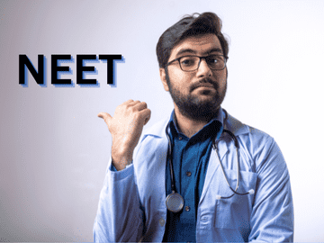 Doctor pointing at NEET text representing MBBS in Nepal admission with or without NEET, highlighting eligibility criteria, entrance requirements, and medical admission options for Indian students.