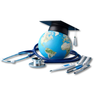 Medical globe with graduation cap and stethoscope representing benefits of studying MBBS abroad for Indian students with affordable fees and global degree recognition