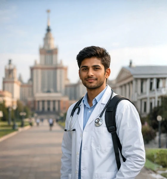 Indian medical student with stethoscope on university campus in Russia representing trusted consultancy support, affordable cost of MBBS in Russia, and guidance for Indian students pursuing MBBS abroad