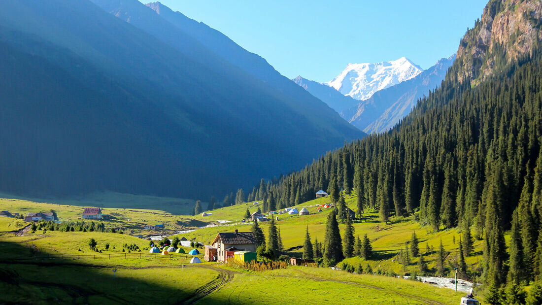 Scenic landscape of Kazakhstan mountains and valley representing affordable MBBS in Kazakhstan with low tuition fees, low living cost, and diverse climate conditions for students.