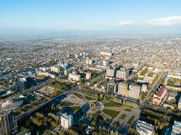 Aerial view of Bishkek city in Kyrgyzstan representing country overview, highlighting Central Asia location, mountainous landscape, and popular destination for MBBS abroad students.