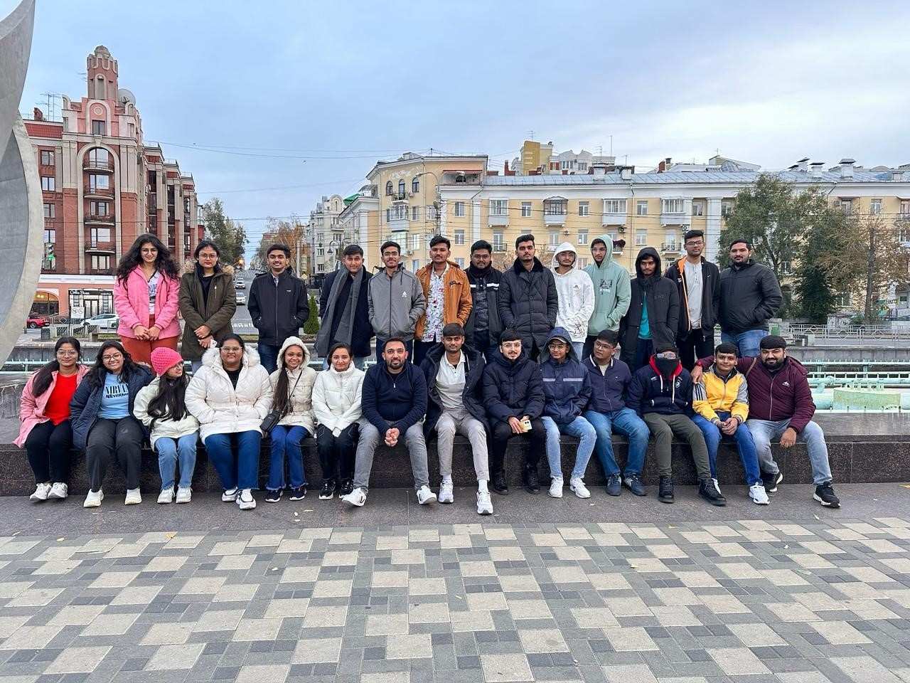 Group of international students at Samara State Medical University campus, highlighting benefits of studying MBBS in Russia including quality education, modern facilities, and diverse student community.