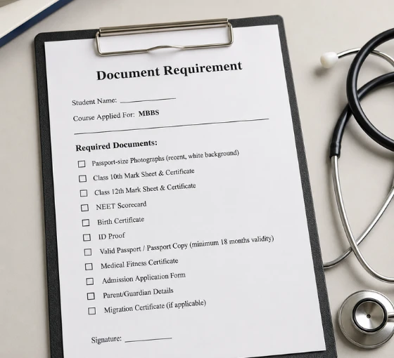 Document requirement checklist for Kemerovo State University MBBS admission, including Class 10th and 12th certificates, NEET scorecard, passport, photos, and medical fitness certificate.