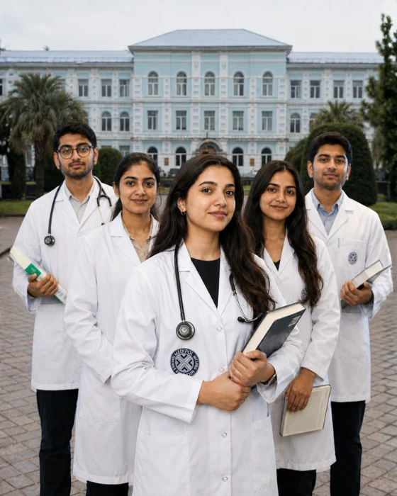 Group of Indian MBBS students in white coats holding books and stethoscopes standing in front of Batumi Shota Rustaveli State University in Georgia, representing top universities in Georgia for MBBS for Indian students.