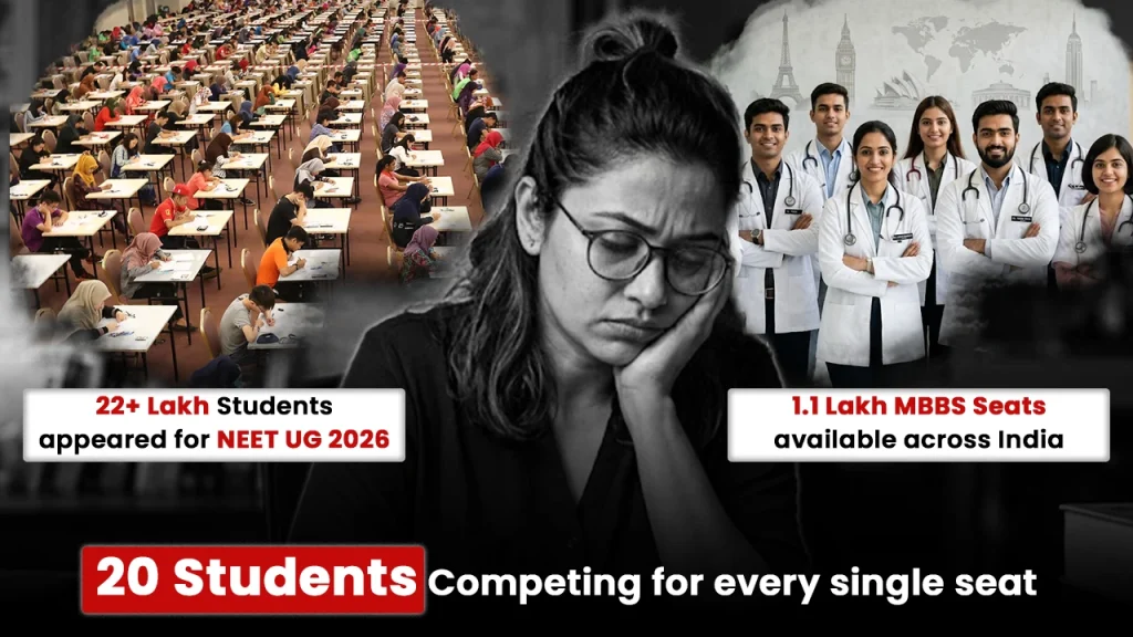 Worried NEET UG 2026 aspirant surrounded by crowded exam hall and MBBS students, highlighting intense competition for medical seats and growing interest in MBBS abroad after NEET 2026 uncertainty.