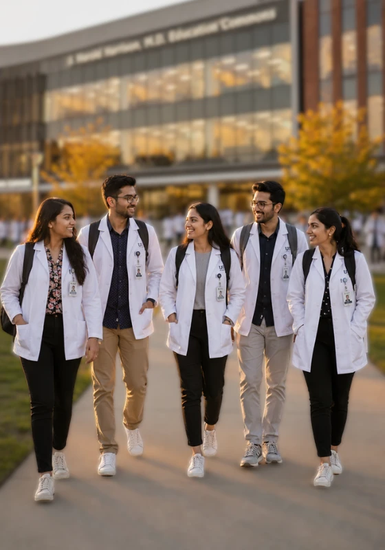 Indian students walking on a medical university campus in Georgia, highlighting safe student life, affordable living, and support for MBBS in Georgia for Indian students.