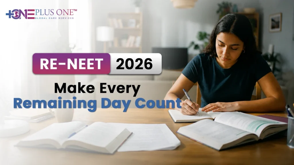 NEET Preparation Tips 2026 banner showing a student studying and revising notes for the NEET exam with the text "RE-NEET 2026 Make Every Remaining Day Count".