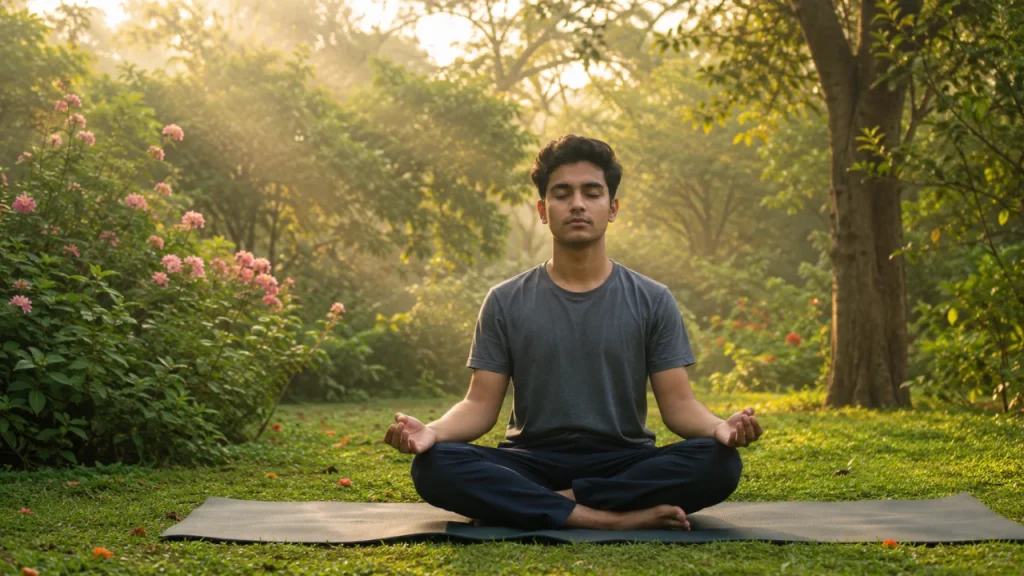 NEET UG 2026 preparation image showing a student meditating in a garden to manage exam stress and improve focus during NEET revision.