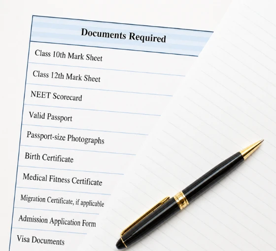 Documents required for MBBS admission at Krasnoyarsk State Medical University Russia, including Class 10 and 12 mark sheets, NEET scorecard, passport, medical certificate, application form, and visa documents.