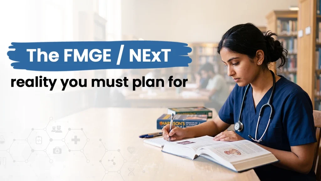 Indian medical student studying for FMGE and NExT exams with medical books, highlighting the licensing exam reality MBBS abroad students must plan for.