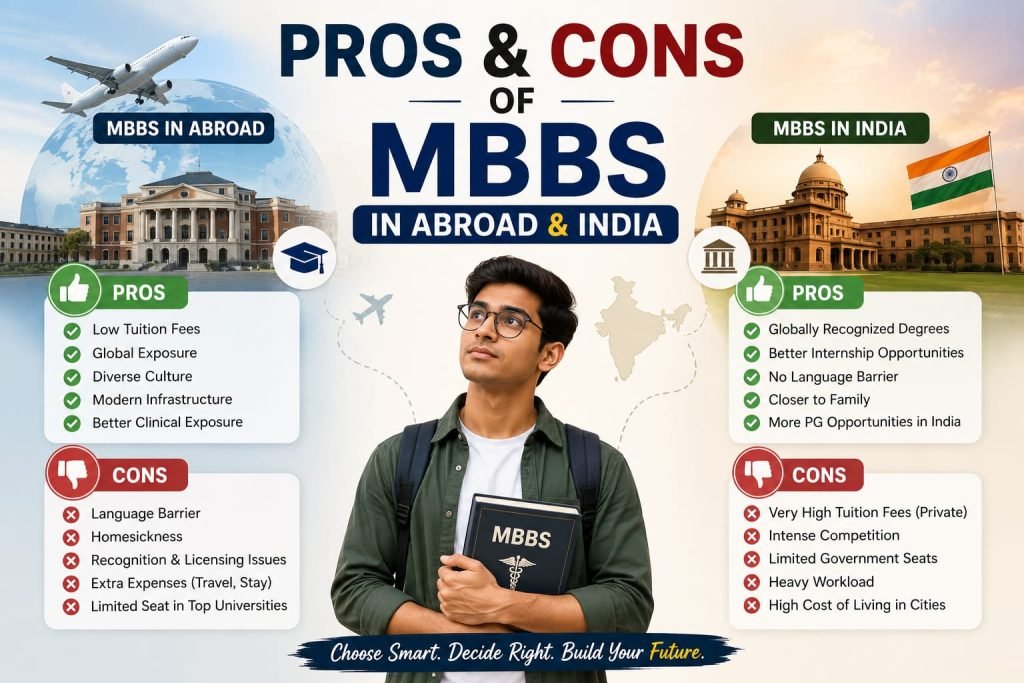 ndian medical student in a white coat holding a clipboard beside text about the pros and cons of studying MBBS abroad, a 2026 guide for Indian students.